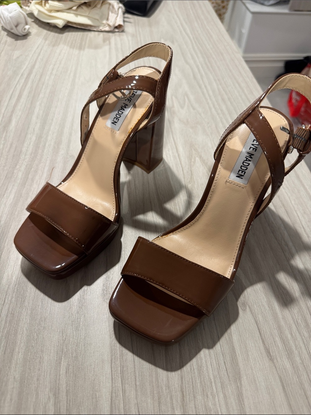 Steve Madden Brown Patent Block Heel Sandals with Ankle Strap